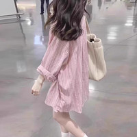 巧丂粉色条纹衬衫外套女春季2025高级感慵懒风外搭衬衣女防晒罩衫 粉色 XL 115-130斤