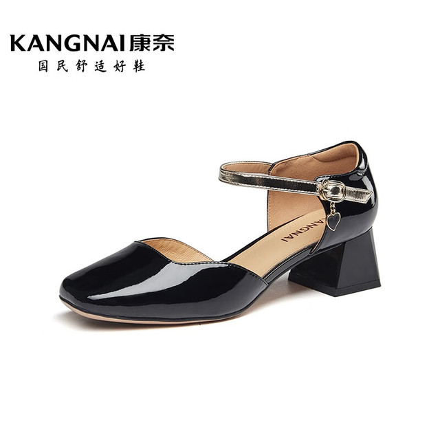 康奈 春夏一字带高跟鞋简约包头凉鞋18434001 黑色