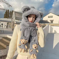 勋阳宇乐儿童围巾一体帽三件套加厚绒防风保暖手套围脖亲子款东北哈尔滨 成人-米奇灰色抱抱熊
