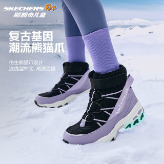 Skechers斯凯奇儿童绒绒靴保暖棉鞋男童女童高筒短靴加绒雪地靴660092L 黑色/薰衣草色/BKLV 27.5