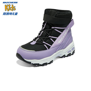 Skechers斯凯奇儿童绒绒靴保暖棉鞋男童女童高筒短靴加绒雪地靴660092L 黑色/薰衣草色/BKLV 27.5