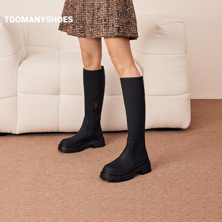 Toomanyshoes浓郁冬日加绒高筒骑士靴小个子显瘦长靴女 黑色 38