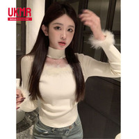 UKMR毛毛拼接方领针织衫女秋季2025法式感修身显瘦长袖打底衫 杏色(好质量) S 80-95斤