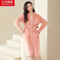红豆（Hodo）法兰绒睡袍秋冬加厚睡衣女中长款系带浴袍保暖不掉毛 女海棠粉 S 160
