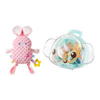 婴幼儿童玩具防吃手摇铃硅胶牙胶6件+粉色兔子豆豆绒哄睡安抚巾