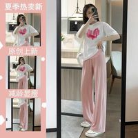 摩登孕妈套装夏季短袖t恤宽松休闲小个子阔腿裤两件套夏装 白色上衣红色爱心+粉色裤子 XXXL