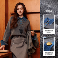 Navigare小帆船假两件羊毛针织衫女秋季宽松毛衣 深鸦灰0939 L