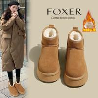 金狐狸 牛剖层革加绒雪地靴圆头简约保暖鞋子靴子女靴