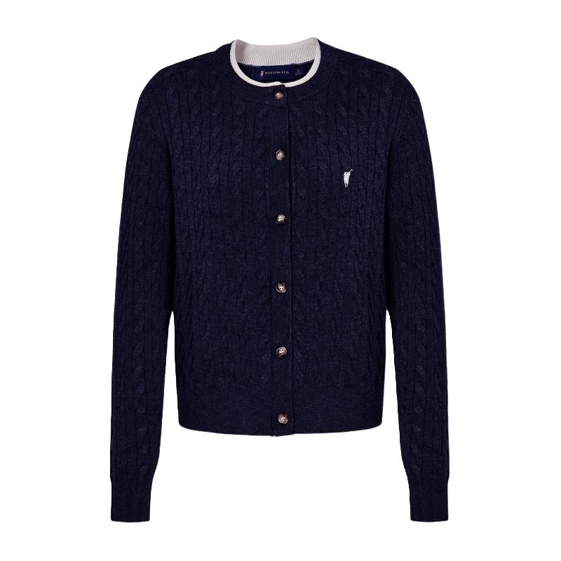 POLOWALK长袖针织衫女秋冬百搭针织开衫简约绞花圆领毛衣开衫