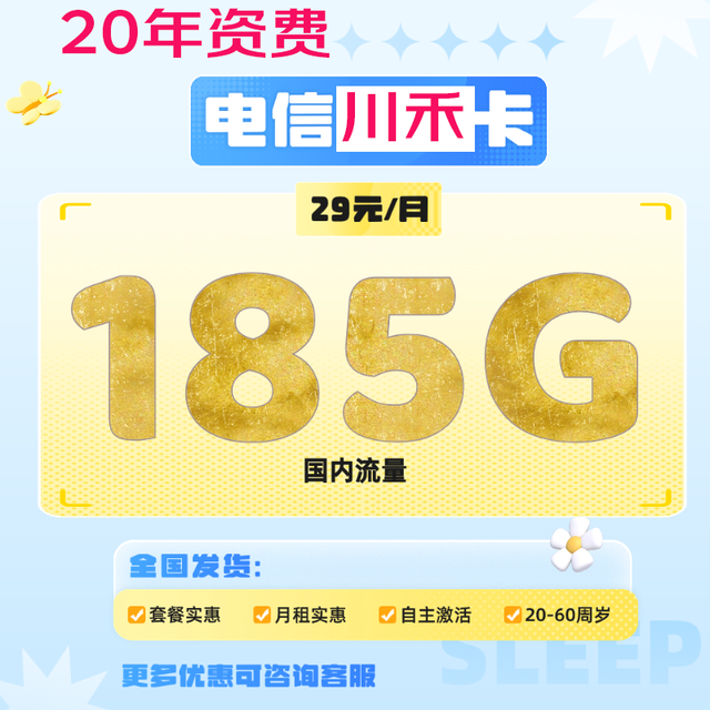 中国电信 广东卡29元185G全国流量不限速100分钟
