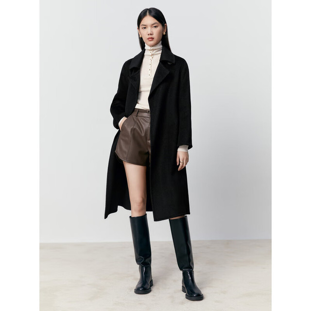 PEACEBIRD 女装冬季驼绒水波纹大衣A1AAD4337