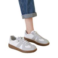 ZHR德训鞋女真牛皮经典百搭休闲鞋软底一脚蹬简约免系带小白鞋女 白灰色 37