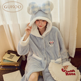 果壳（Gukoo）睡衣女冬季多款可爱女家居服保暖连帽卡通睡袍 水蓝 S