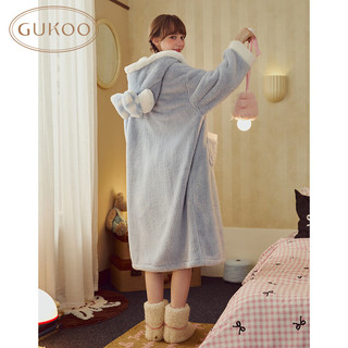 果壳（Gukoo）睡衣女冬季多款可爱女家居服保暖连帽卡通睡袍 水蓝 S
