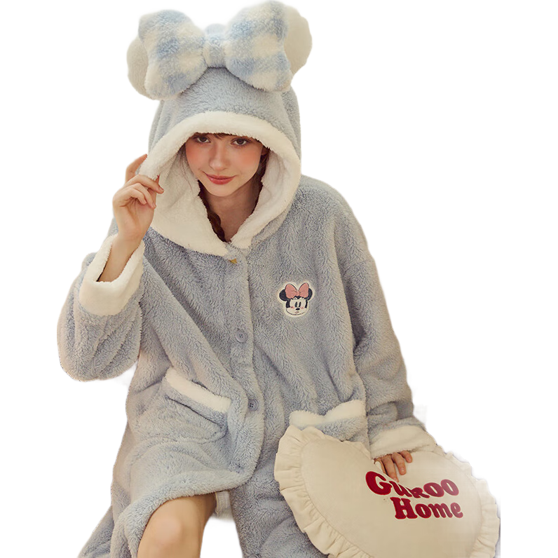 果壳（Gukoo）睡衣女冬季多款可爱女家居服保暖连帽卡通睡袍 水蓝 S