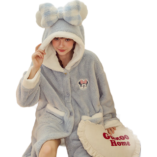果壳（Gukoo）睡衣女冬季多款可爱女家居服保暖连帽卡通睡袍 水蓝 S
