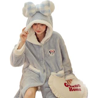 果壳（Gukoo）睡衣女冬季多款可爱女家居服保暖连帽卡通睡袍 水蓝 S