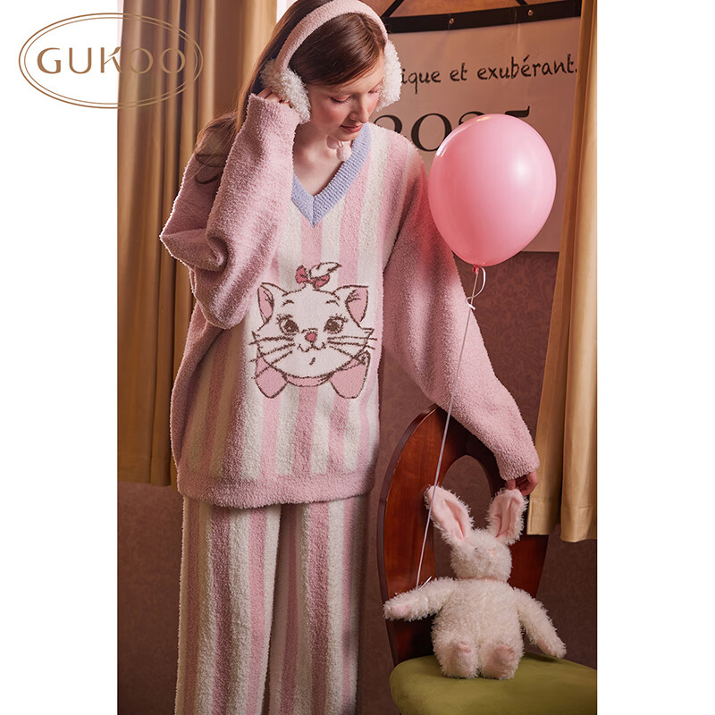 果壳（Gukoo）睡衣女冬迪士尼玛丽猫半边绒保暖可爱女士家居服套装 千禧粉 S