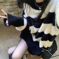 零柒零捌秋冬复古黑白条纹洋气毛衣女宽松内搭套头针织衫