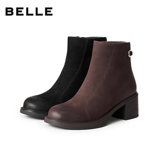 百丽（Belle）复古羊皮擦色时装靴女2025冬优雅高跟短靴E4X1DDD5 咖啡色-绒里 35
