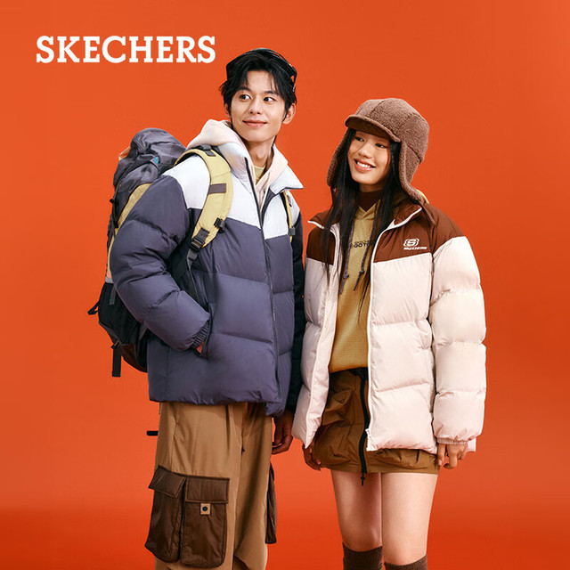 保暖服饰：斯凯奇 男女同款 80%绒短款拼色面包服羽绒服 L324U104