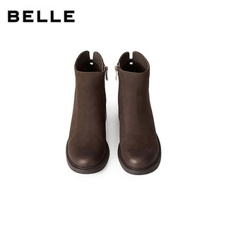 百丽（Belle）复古羊皮擦色时装靴女2025冬优雅高跟短靴E4X1DDD5 咖啡色-绒里 35