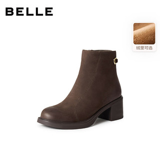 百丽（Belle）复古羊皮擦色时装靴女2025冬优雅高跟短靴E4X1DDD5 咖啡色-绒里 35