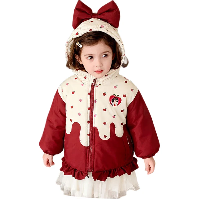 迪士尼（Disney）儿童保暖夹棉加绒立体蝴蝶结卡通可爱女童连帽棉服外套童装 红色 100