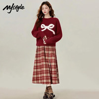MJ STYLE红色蝴蝶结短款毛衣女2026冬季甜美减龄设计感圆领内搭针织衫上衣