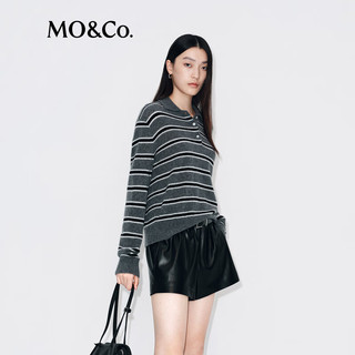 MO&Co.针织衫2025冬轻暖智性翻领条纹POLO衫毛衣宽松落肩MBE4SWT086 灰白条色 S /160