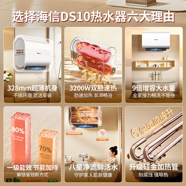 以旧换新：海信 DS10 3200W速热 60L 扁桶双胆电热水器