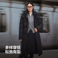 保暖服饰：波司登 25新款丝绒拿铁羽绒服女长款90鹅绒商务连帽700+蓬外套B250244198 黑色