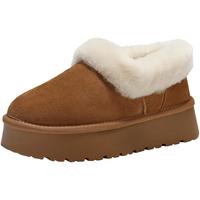 BeLLE/百丽厚底雪地靴加绒保暖勃肯鞋女靴子 松烟棕 37 中跟(3-5.5cm) 圆头 二层牛皮 休闲风 短筒 车缝线 JD012DM5