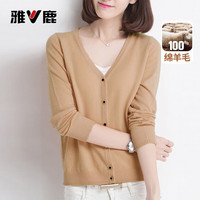 雅鹿 100%绵羊毛开衫女士秋冬季中淑成熟