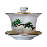 容山堂华璃 镶锡玻璃盖碗茶杯 耐热加厚三才茶碗大号泡茶功夫茶具 锡花玻璃盖碗-彩绘青松