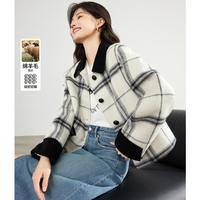 KEMANYA 【含羊毛毛呢大衣】新格纹拼接翻领短款大衣外套