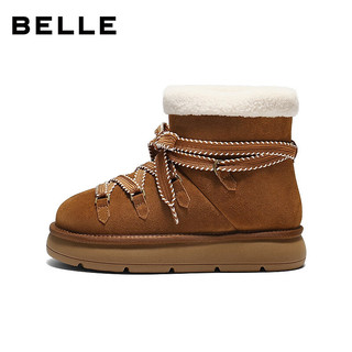 百丽（Belle）复古时尚鞋面绑带雪地靴女2025冬新舒适保暖休闲短靴B2949DD5 深棕色 36