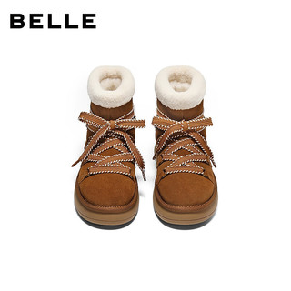 百丽（Belle）复古时尚鞋面绑带雪地靴女2025冬新舒适保暖休闲短靴B2949DD5 深棕色 36