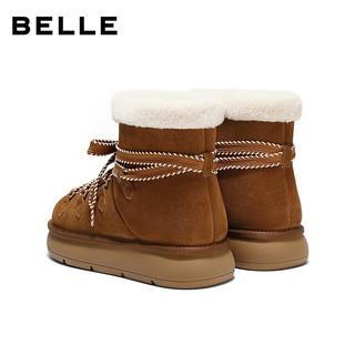 百丽（Belle）复古时尚鞋面绑带雪地靴女2025冬新舒适保暖休闲短靴B2949DD5 深棕色 36