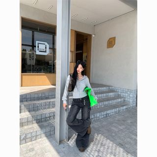 秋冬季收腰小个子加绒加厚短款连帽卫衣男女灰色开衫显瘦上衣