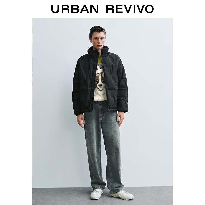  URBAN REVIVO 褶皱立领 男士羽绒服  正黑 XL