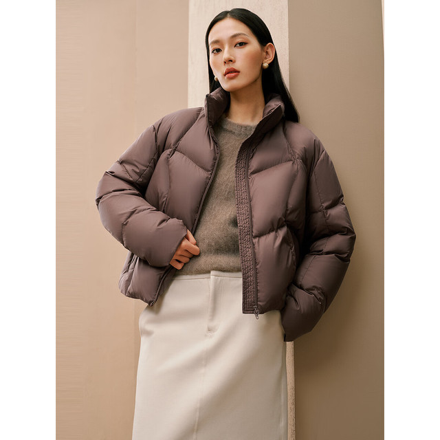 太平鸟 女装羽绒服泡芙短款立领冬小个子保暖面包服外套 棕色 L