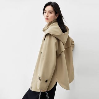对白花苞领斗篷风衣外套女2025春季可拆卸连帽小个子气质上衣