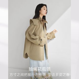 对白花苞领斗篷风衣外套女2025春季可拆卸连帽小个子气质上衣