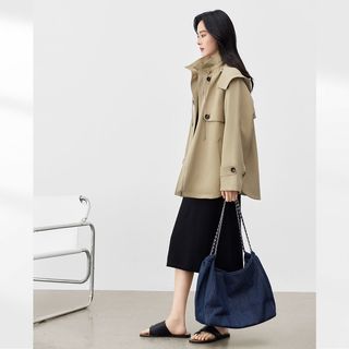 对白花苞领斗篷风衣外套女2025春季可拆卸连帽小个子气质上衣