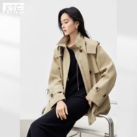 对白花苞领斗篷风衣外套女2025春季可拆卸连帽小个子气质上衣