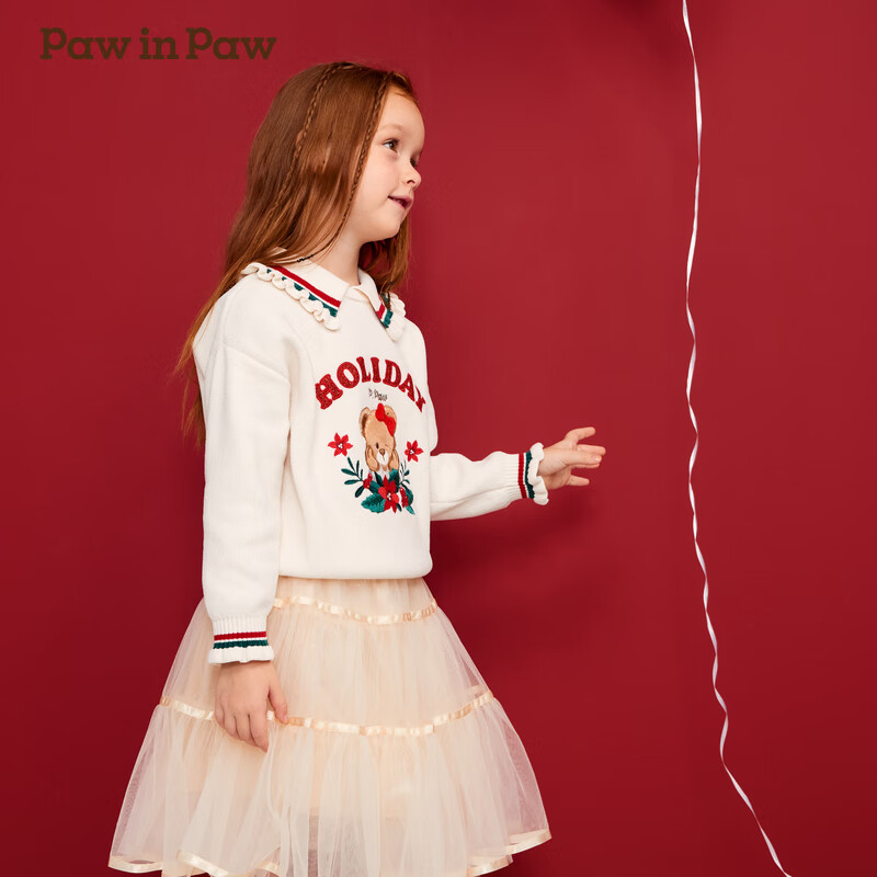 PawinPaw【新年系列】卡通小熊童装秋冬女童红色花边毛衣 Ivory象牙色/39 1