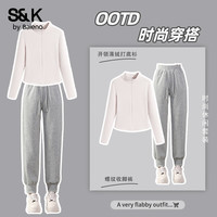 班尼路（Baleno）S&K系列套装女两件套加绒保暖打底衫女上衣搭配直筒裤螺纹收脚裤 沙砾色#纯色+灰#纯色 L