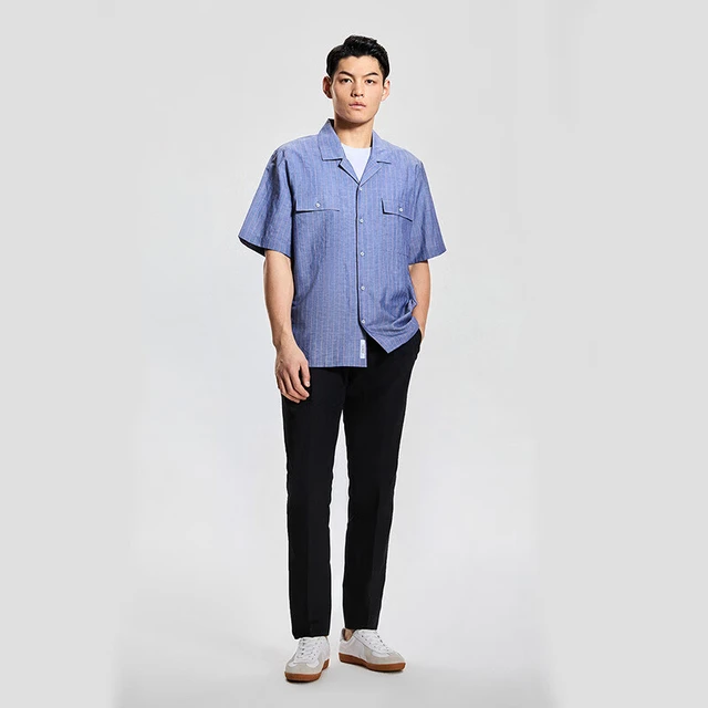 By Creations柏品男装TEATA古巴领短袖衬衫男夏透气商务t休闲亚麻条纹印花衬衣 蓝色竖条纹 39