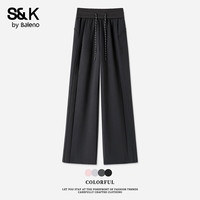 班尼路 S&K系列 秋冬高腰直筒阔腿裤拼接感长裤 黑#纯色